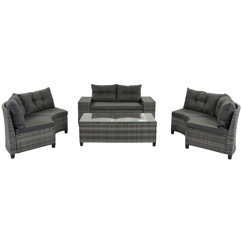 8 Pieces Outdoor Wicker Curved Patio Sectional with Rectangular Coffee Table and Movable Cushions