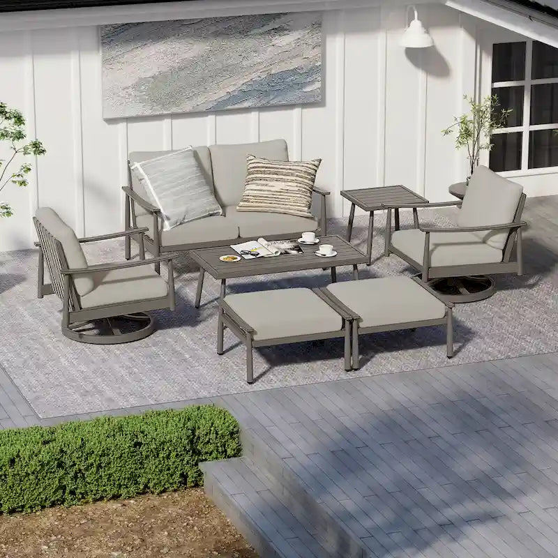 7-Piece Aluminum Patio Conversation Set, Loveseat with Ottomans, 2 Swivel Armchairs and Coffee Table