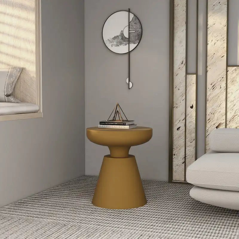 Isle Modern Round Side Table in Fiberstone for Indoor and Patio Outdoor End Table with Pedestal Base