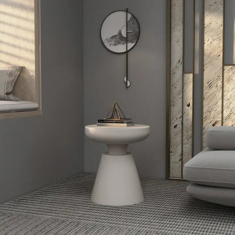 Isle Modern Round Side Table in Fiberstone for Indoor and Patio Outdoor End Table with Pedestal Base