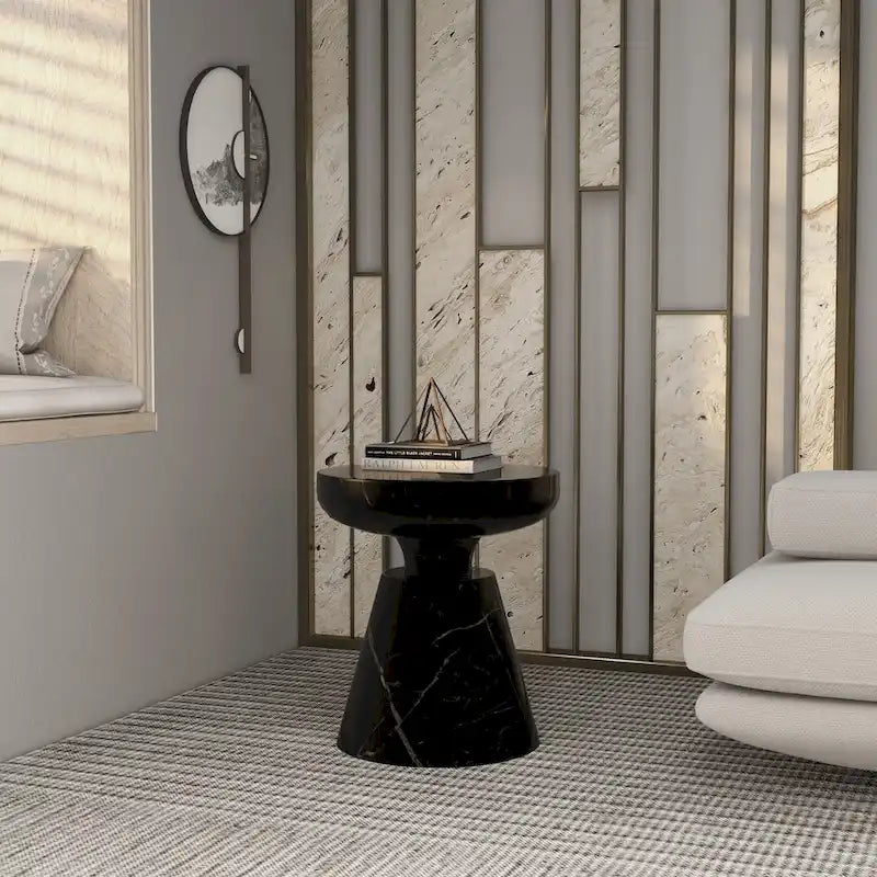 Isle Modern Round Side Table in Fiberstone for Indoor and Patio Outdoor End Table with Pedestal Base