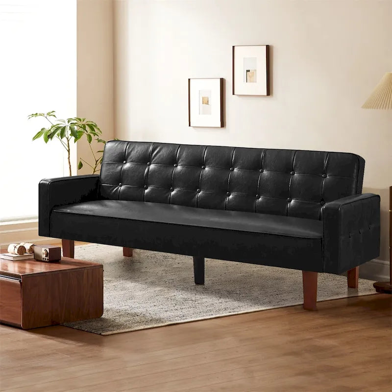 Convertible Faux Leather Futon Sofa Bed - Black, White, Brown for 2-3