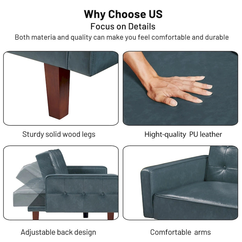 Convertible Faux Leather Futon Sofa Bed - Black, White, Brown for 2-3