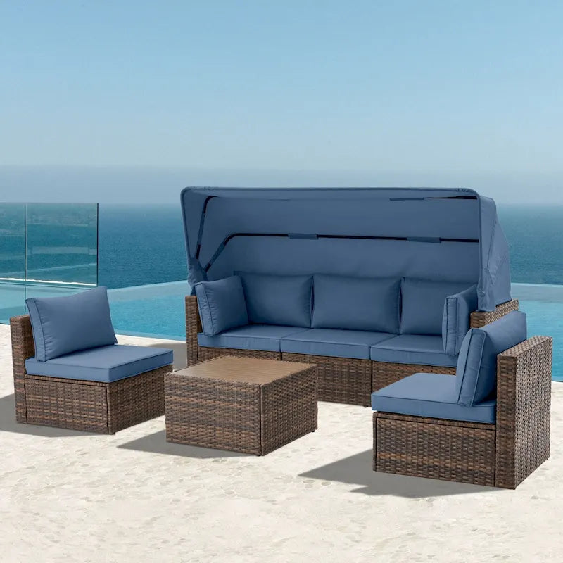 6-Piece Handwoven Rattan Wicker Outdoor Sectional Sofa Set with Cushions and Adjustable Canopy and Backrest