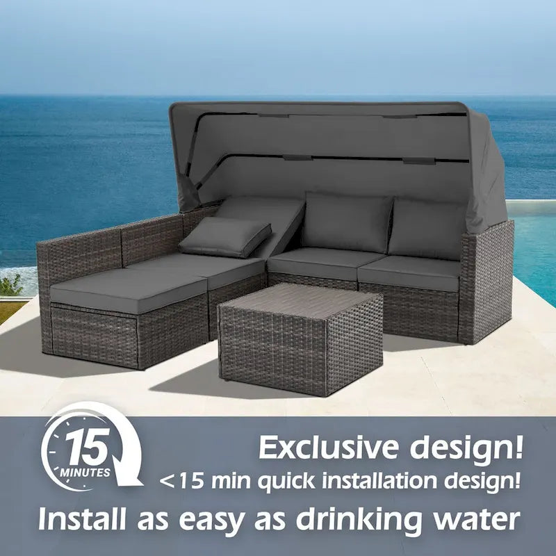 6-Piece Handwoven Rattan Wicker Outdoor Sectional Sofa Set with Cushions and Adjustable Canopy and Backrest