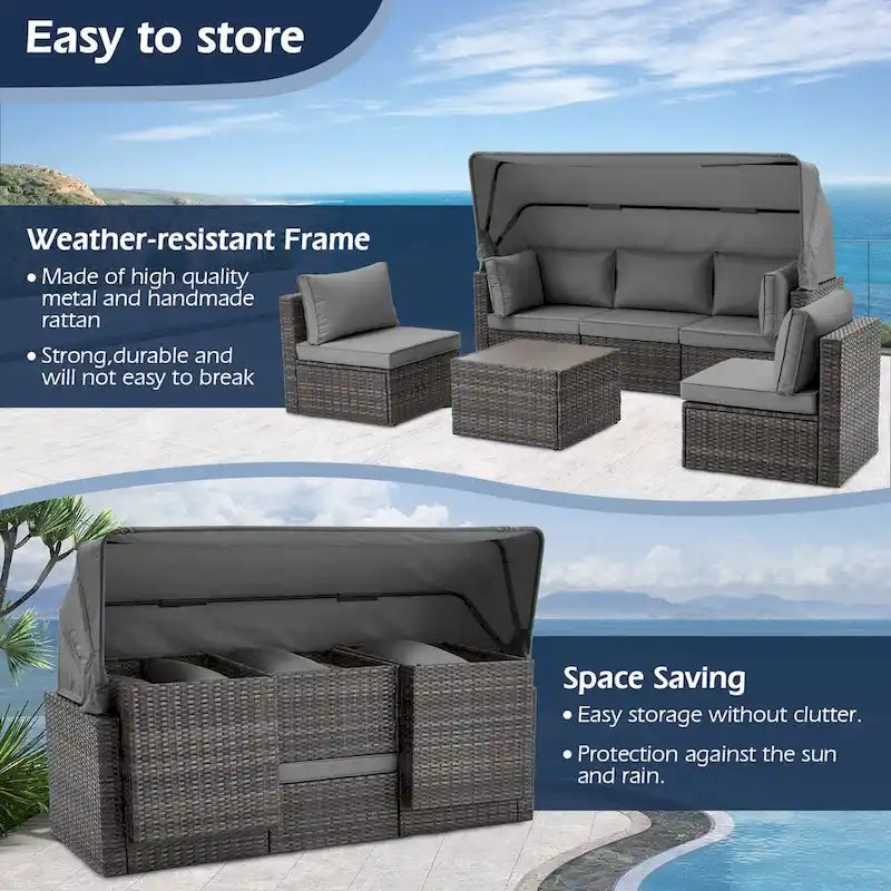6-Piece Handwoven Rattan Wicker Outdoor Sectional Sofa Set with Cushions and Adjustable Canopy and Backrest