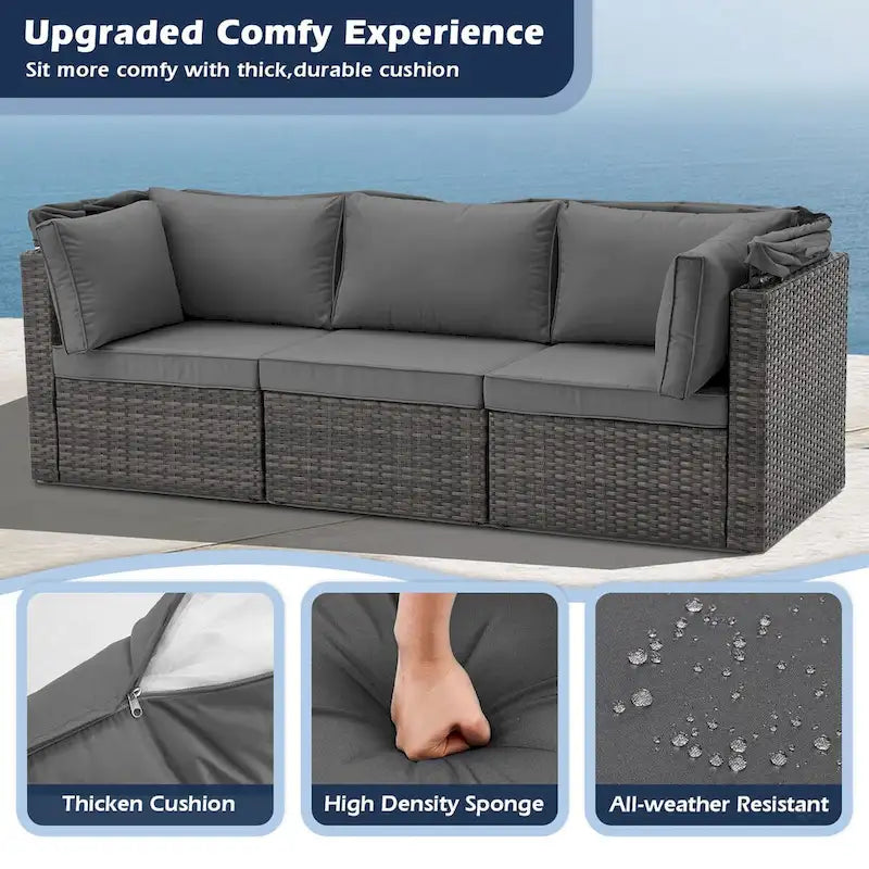6-Piece Handwoven Rattan Wicker Outdoor Sectional Sofa Set with Cushions and Adjustable Canopy and Backrest