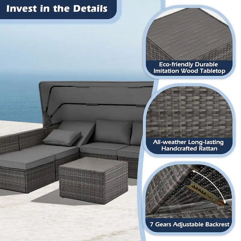 6-Piece Handwoven Rattan Wicker Outdoor Sectional Sofa Set with Cushions and Adjustable Canopy and Backrest