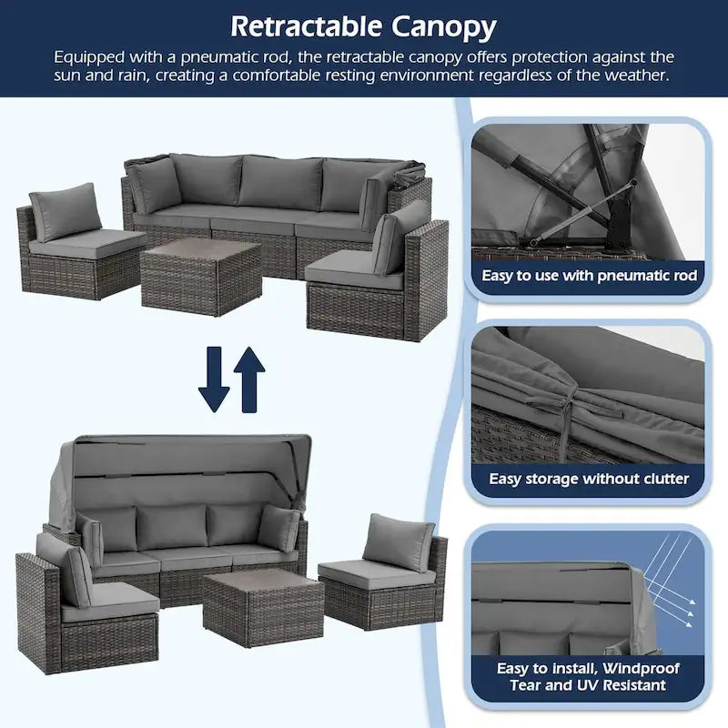 6-Piece Handwoven Rattan Wicker Outdoor Sectional Sofa Set with Cushions and Adjustable Canopy and Backrest