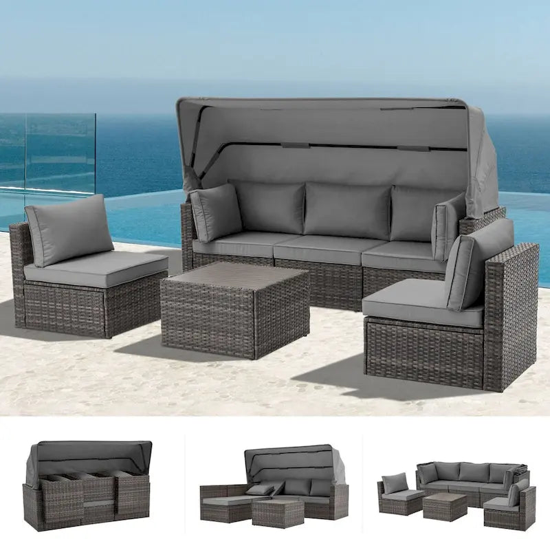 6-Piece Handwoven Rattan Wicker Outdoor Sectional Sofa Set with Cushions and Adjustable Canopy and Backrest