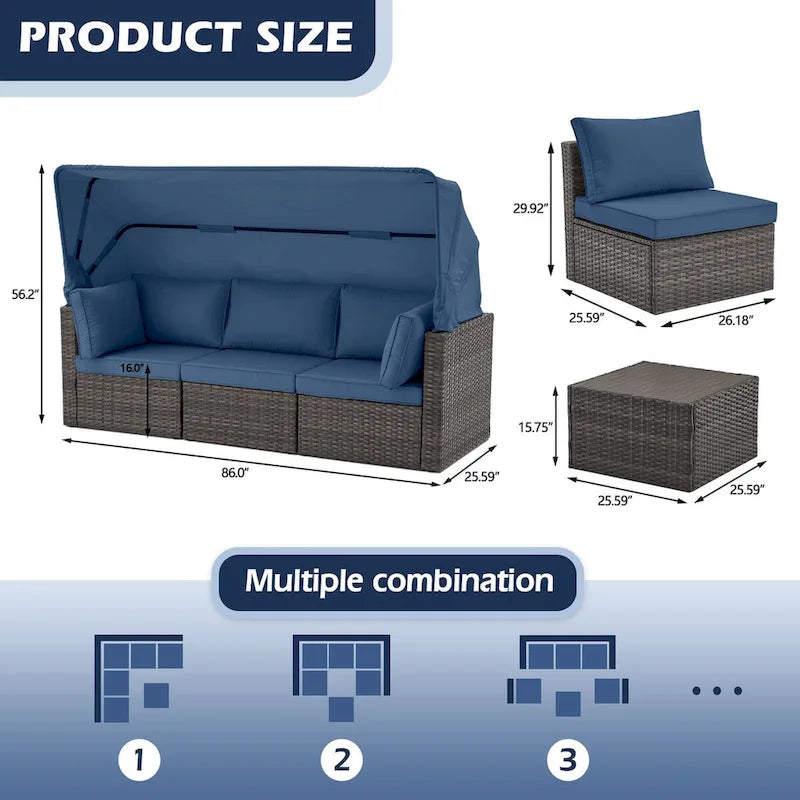 6-Piece Handwoven Rattan Wicker Outdoor Sectional Sofa Set with Cushions and Adjustable Canopy and Backrest
