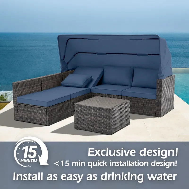 6-Piece Handwoven Rattan Wicker Outdoor Sectional Sofa Set with Cushions and Adjustable Canopy and Backrest