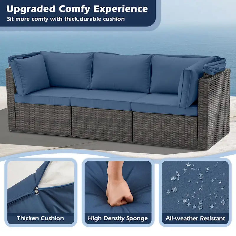 6-Piece Handwoven Rattan Wicker Outdoor Sectional Sofa Set with Cushions and Adjustable Canopy and Backrest
