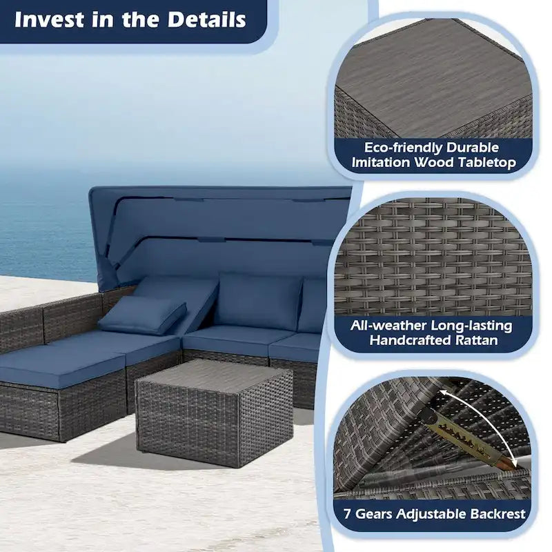 6-Piece Handwoven Rattan Wicker Outdoor Sectional Sofa Set with Cushions and Adjustable Canopy and Backrest