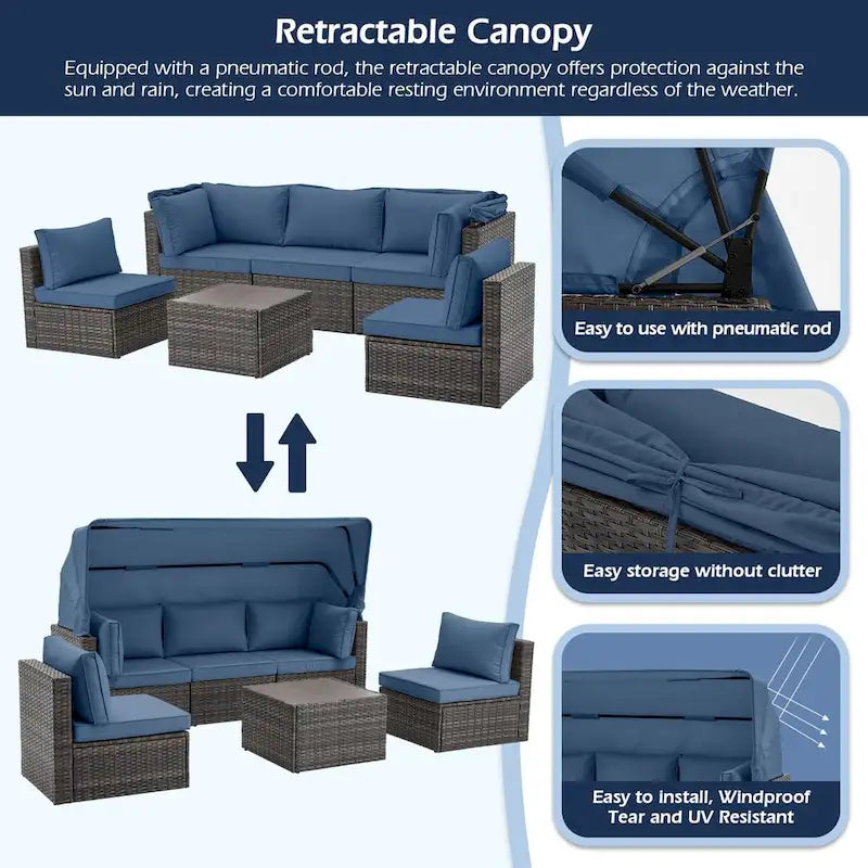 6-Piece Handwoven Rattan Wicker Outdoor Sectional Sofa Set with Cushions and Adjustable Canopy and Backrest