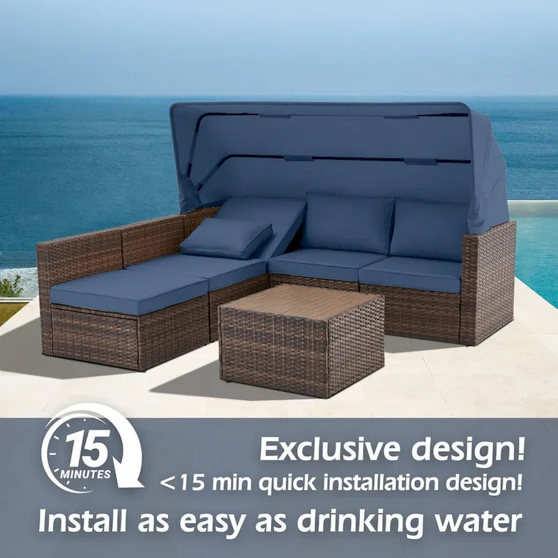 6-Piece Handwoven Rattan Wicker Outdoor Sectional Sofa Set with Cushions and Adjustable Canopy and Backrest