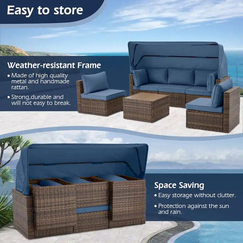 6-Piece Handwoven Rattan Wicker Outdoor Sectional Sofa Set with Cushions and Adjustable Canopy and Backrest