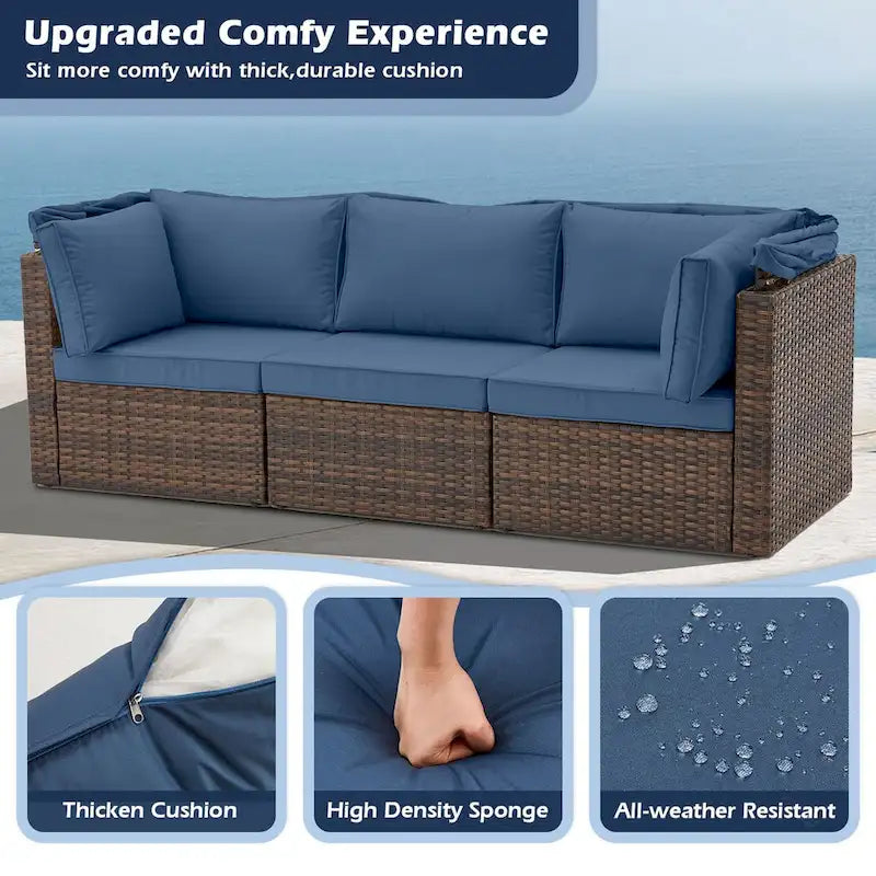 6-Piece Handwoven Rattan Wicker Outdoor Sectional Sofa Set with Cushions and Adjustable Canopy and Backrest