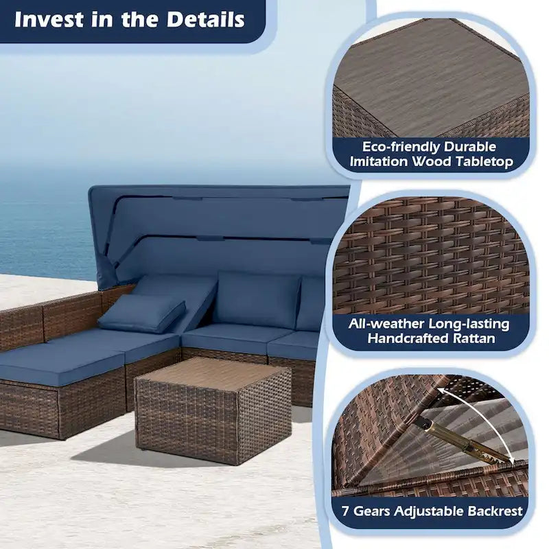 6-Piece Handwoven Rattan Wicker Outdoor Sectional Sofa Set with Cushions and Adjustable Canopy and Backrest