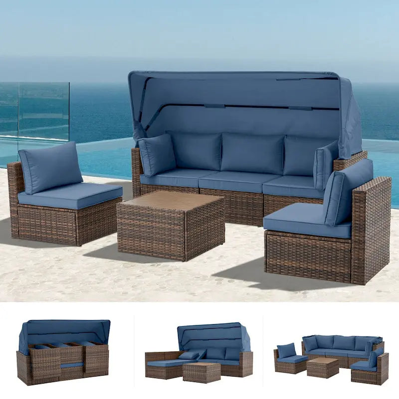6-Piece Handwoven Rattan Wicker Outdoor Sectional Sofa Set with Cushions and Adjustable Canopy and Backrest