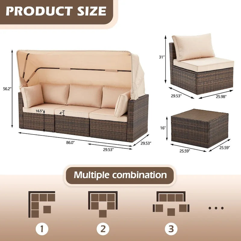 6-Piece Handwoven Rattan Wicker Outdoor Sectional Sofa Set with Cushions and Adjustable Canopy and Backrest