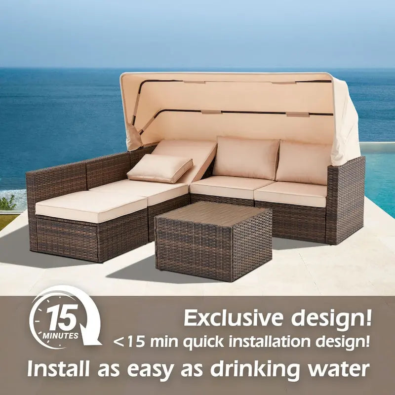 6-Piece Handwoven Rattan Wicker Outdoor Sectional Sofa Set with Cushions and Adjustable Canopy and Backrest
