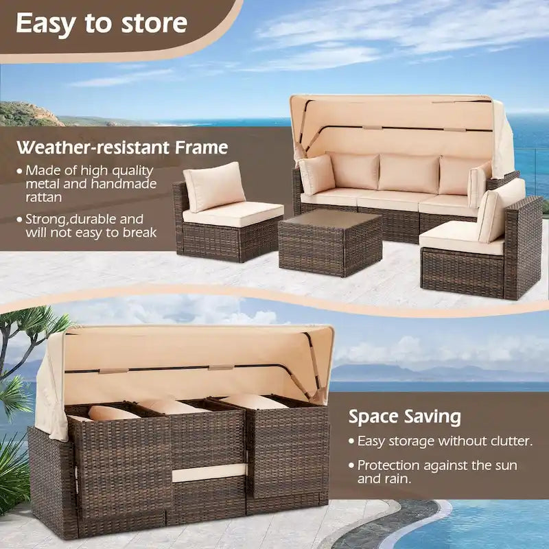 6-Piece Handwoven Rattan Wicker Outdoor Sectional Sofa Set with Cushions and Adjustable Canopy and Backrest