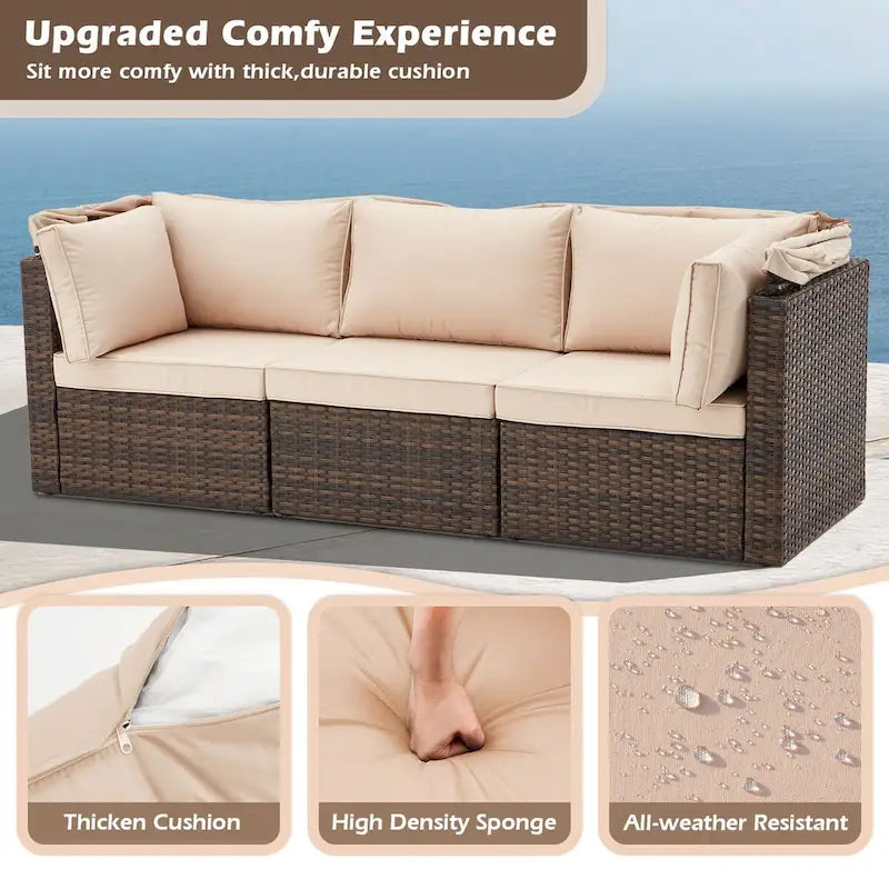 6-Piece Handwoven Rattan Wicker Outdoor Sectional Sofa Set with Cushions and Adjustable Canopy and Backrest
