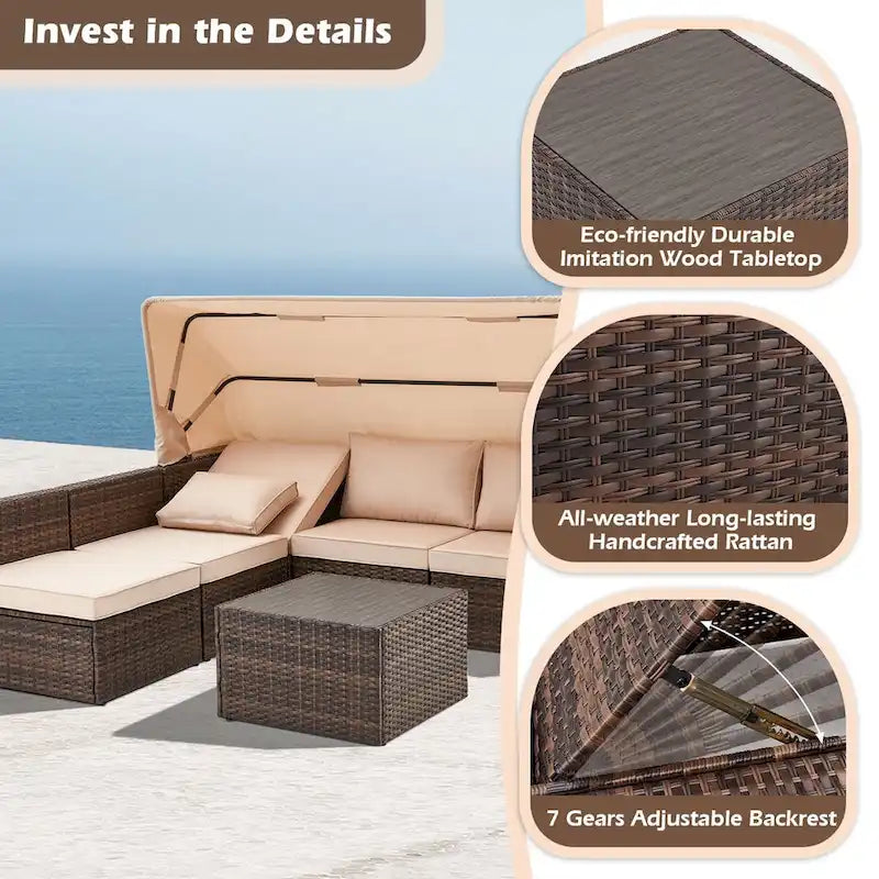 6-Piece Handwoven Rattan Wicker Outdoor Sectional Sofa Set with Cushions and Adjustable Canopy and Backrest