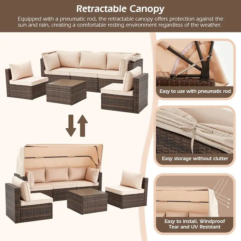 6-Piece Handwoven Rattan Wicker Outdoor Sectional Sofa Set with Cushions and Adjustable Canopy and Backrest