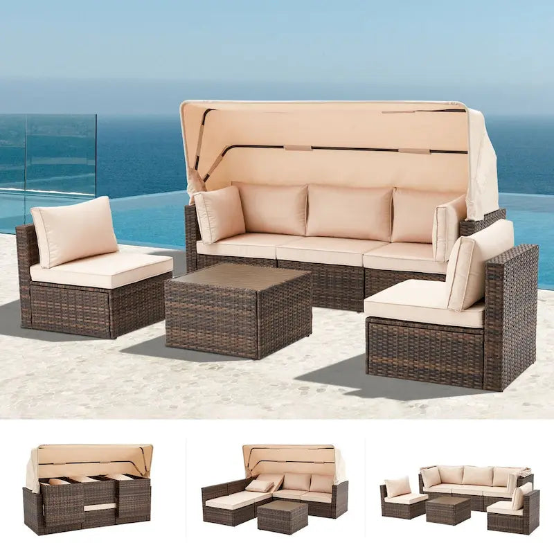 6-Piece Handwoven Rattan Wicker Outdoor Sectional Sofa Set with Cushions and Adjustable Canopy and Backrest