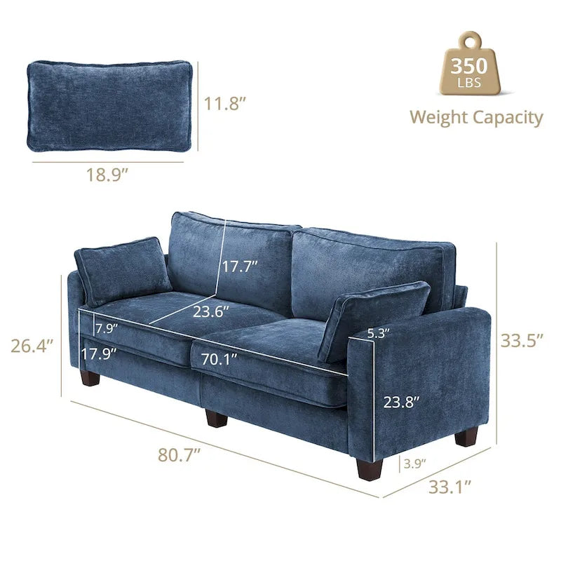81" Modern Corduroy 3-Seater Sofa - Dark Grey, Dark Blue, Yellow, Beige for 3