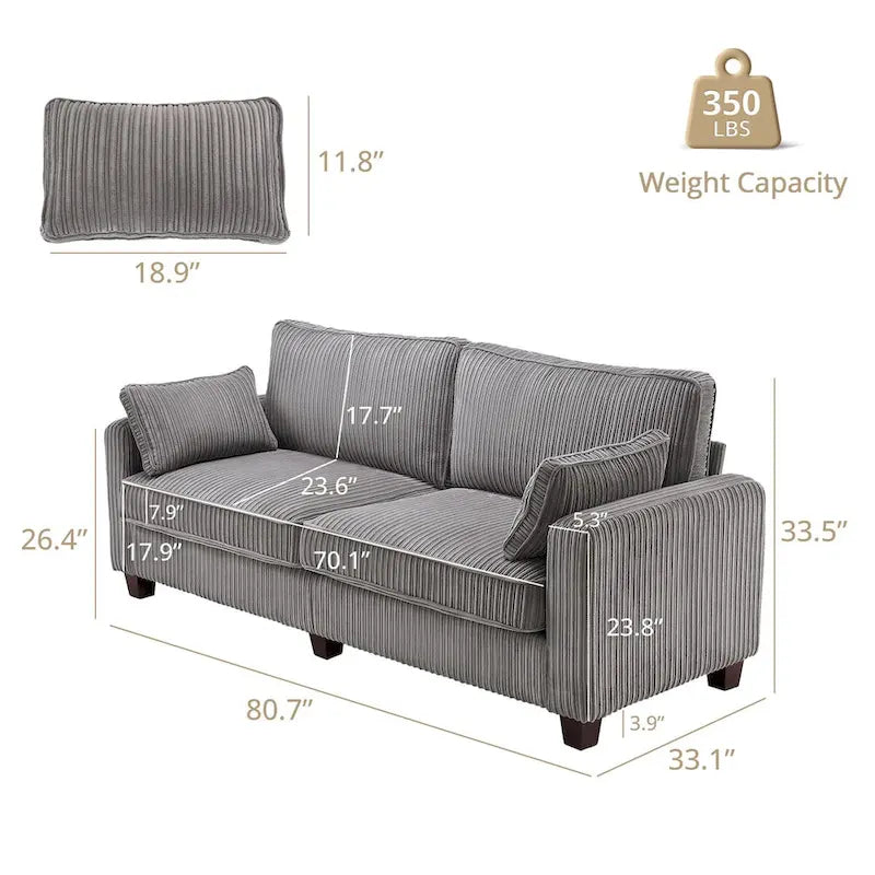 81" Modern Corduroy 3-Seater Sofa - Dark Grey, Dark Blue, Yellow, Beige for 3