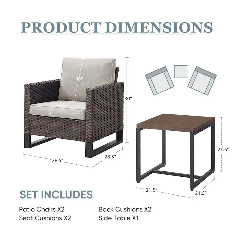 3PC PE Rattan Patio Bistro Set with Table - Brown