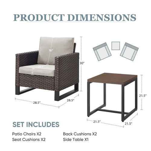 3PC PE Rattan Patio Bistro Set with Table - Brown