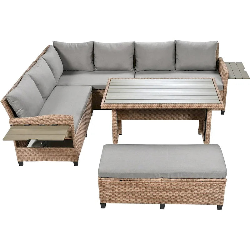 Brown PE Wicker Rattan L-Shaped Sectional Sofa Set
