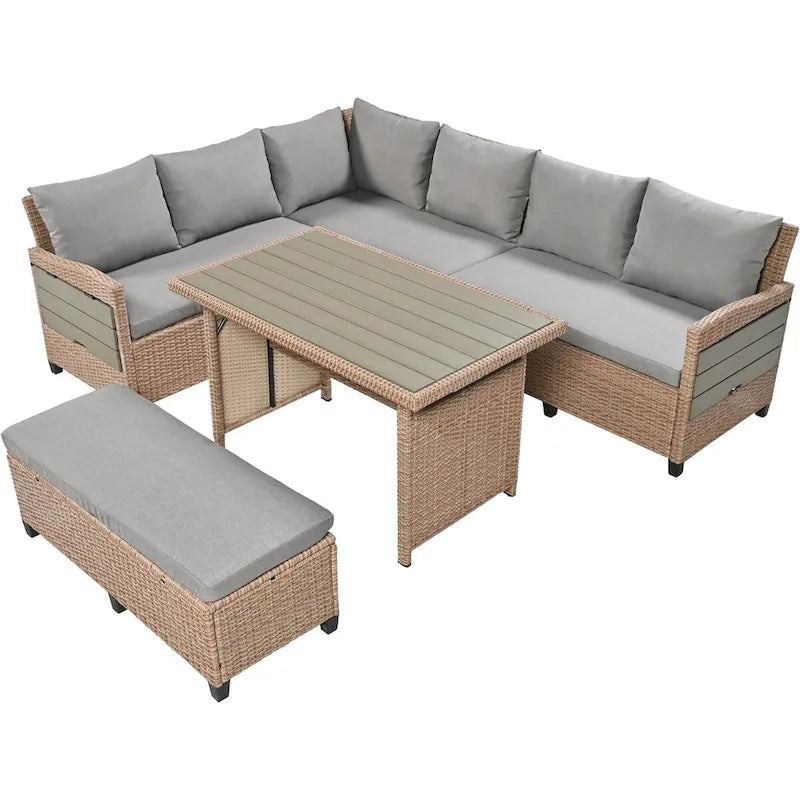Brown PE Wicker Rattan L-Shaped Sectional Sofa Set