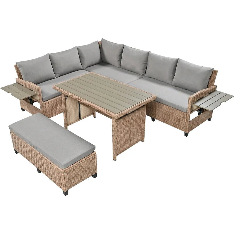 Brown PE Wicker Rattan L-Shaped Sectional Sofa Set