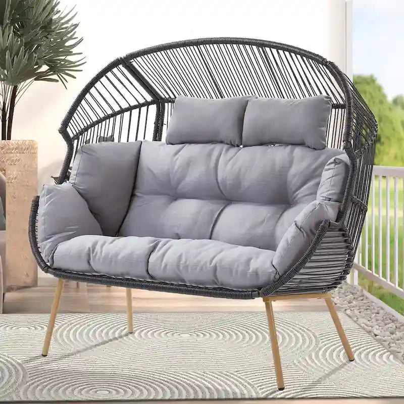 2 Person Outdoor Patio Double Egg Chair with Ottoman - Dark Grey