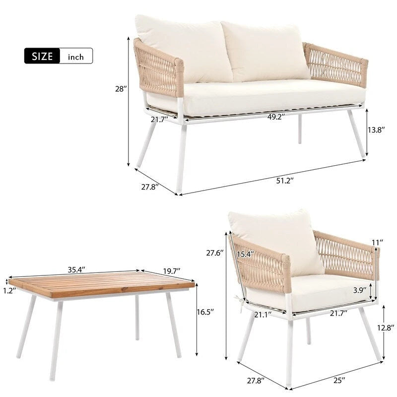 4-Piece Patio Furniture Set, Outdoor Patio Conversation Set with Cushion