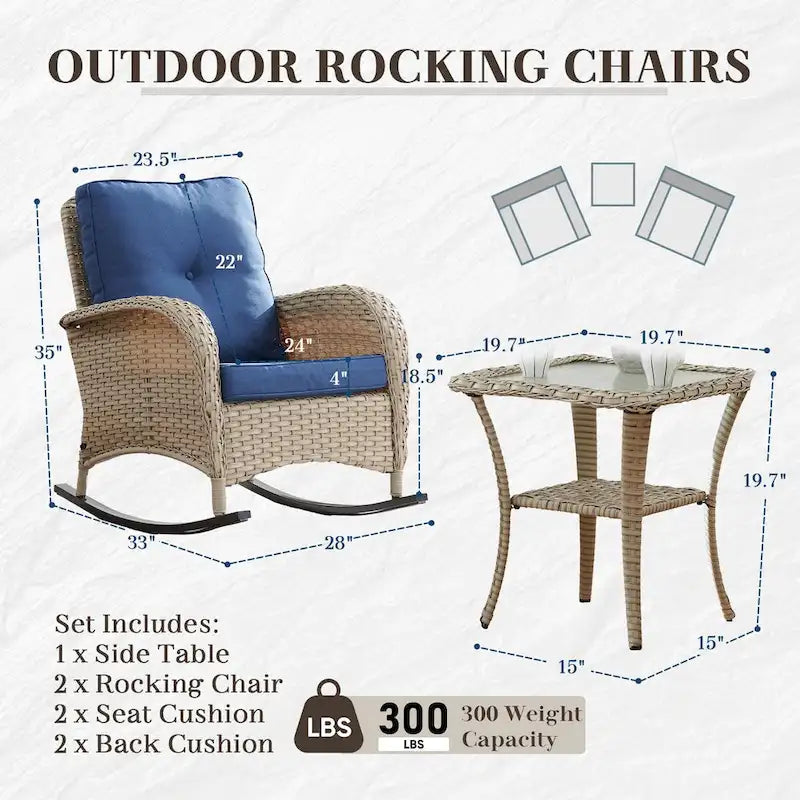 3 Pieces Patio Furniture Rocking Set - Light Beige