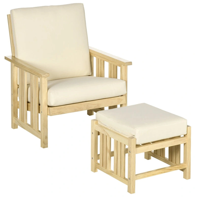 2 Piece Patio Furniture Set, Wood Outdoor Patio Chair with Ottoman, Cushioned Outdoor Lounge Chair, Sofa Chair with Footrest