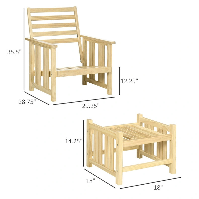 2 Piece Patio Furniture Set, Wood Outdoor Patio Chair with Ottoman, Cushioned Outdoor Lounge Chair, Sofa Chair with Footrest
