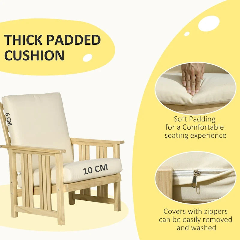 2 Piece Patio Furniture Set, Wood Outdoor Patio Chair with Ottoman, Cushioned Outdoor Lounge Chair, Sofa Chair with Footrest