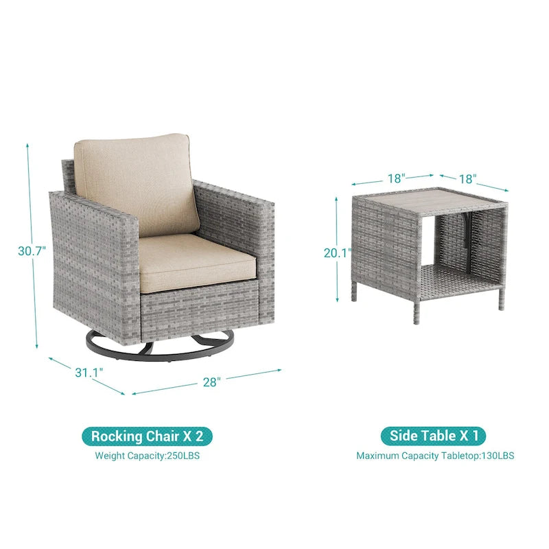 LIVOOSUN 3-Piece Patio Sofa Set Gray Rattan Swivel Rocking Chair Side Table