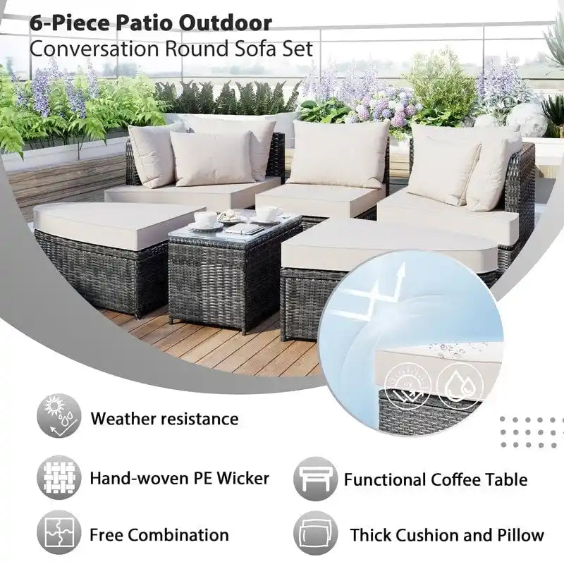 6-Piece Patio Outdoor Conversation Round Sofa Set
