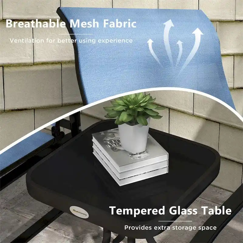 3 Piece Outdoor Gliders Set with Steel Frame, Tempered Glass Top Table