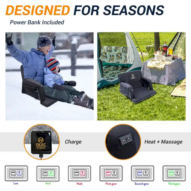 Heated Massage Stadium Seats, Floor Chair, Bleacher Chairs, Reclining Waterproof Cushion