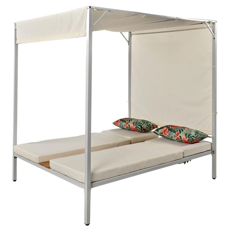 Beige Outdoor Sun Lounger with Adjustable Canopy, Table, Three-Position Backrest, and Floral Cushioned, Durable Metal Frame