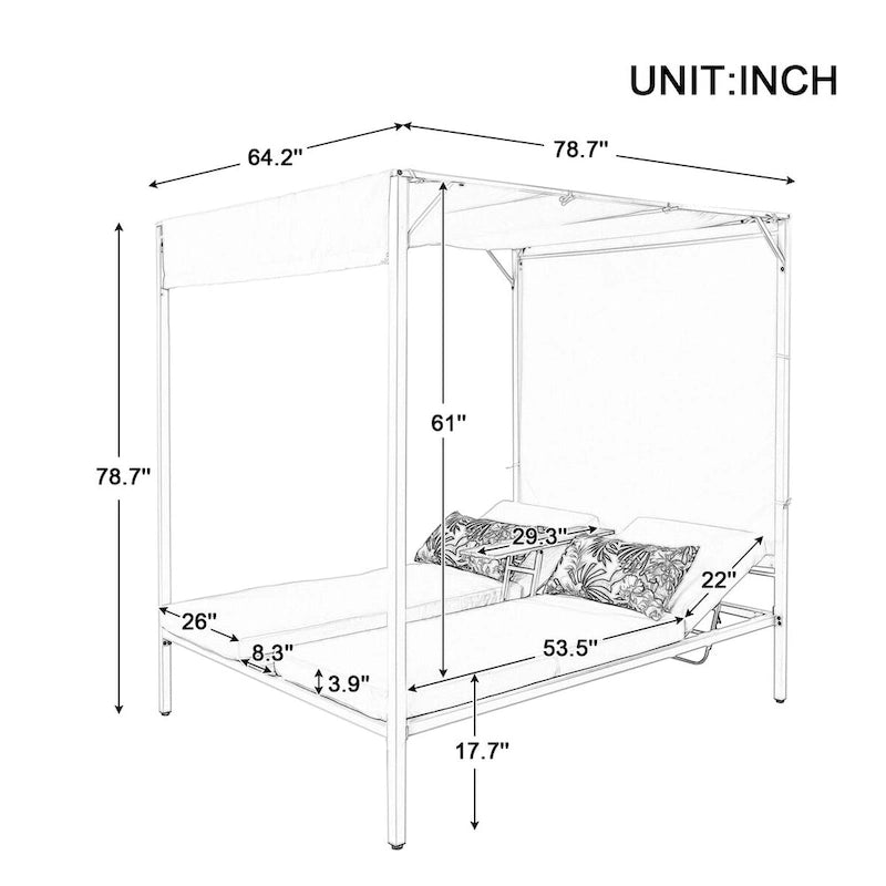 Beige Outdoor Sun Lounger with Adjustable Canopy, Table, Three-Position Backrest, and Floral Cushioned, Durable Metal Frame